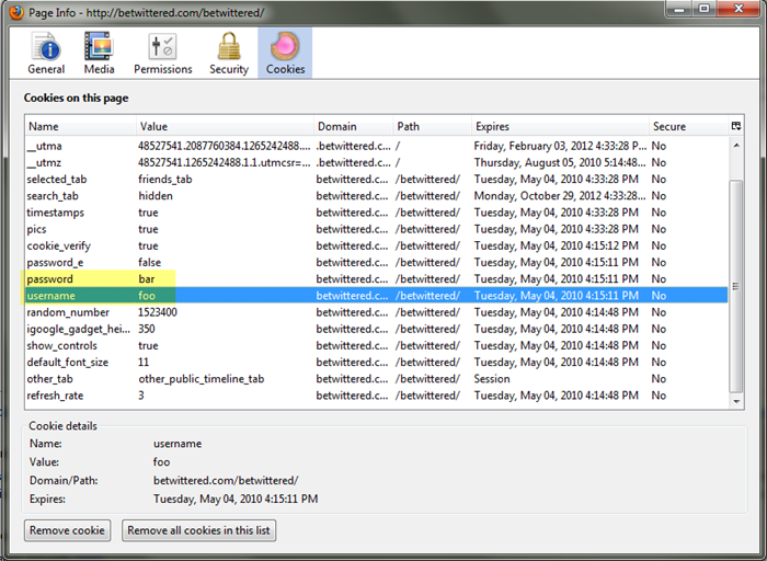 betwittered username and password in cookies