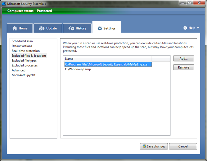 Ignore Windows Temp dir in Microsoft Security Essentials