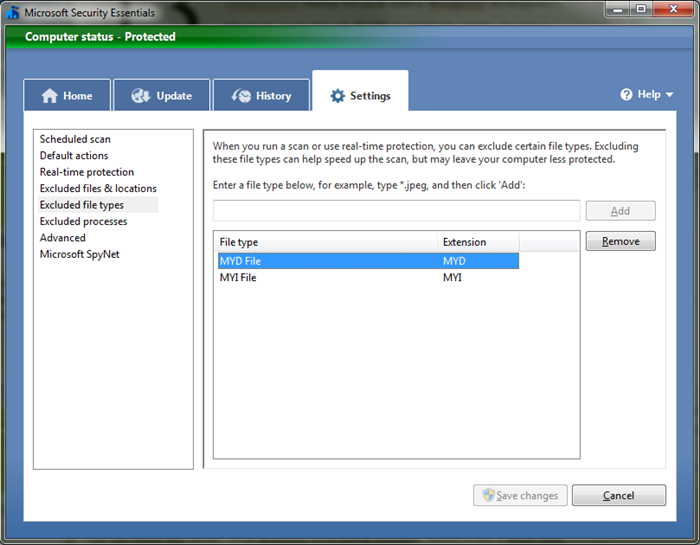 Ignore *.MYI and *.MYD in Microsoft Security Essentials